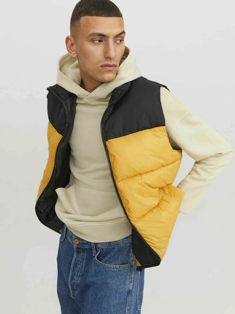 Jack & Jones Men’s Honey Gold Black Colorblock Puffer Vest Large NWT